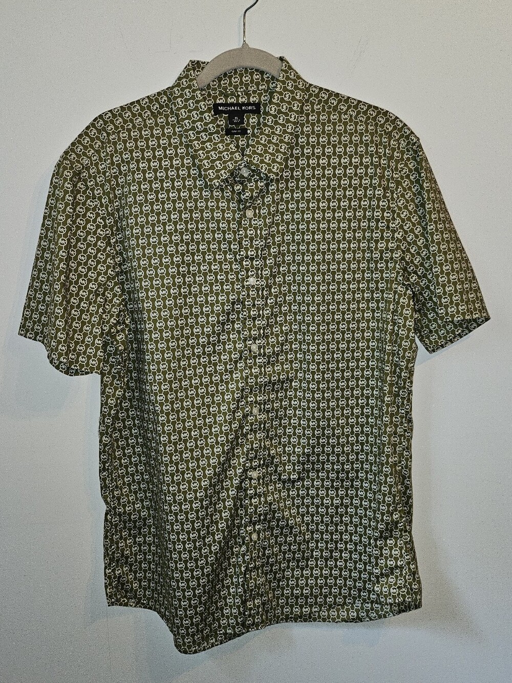 Michael Kors Short Sleeve Button Up Slim Fit Green White Logo Cotton Blend XL